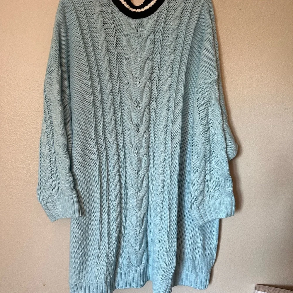 Torrid Blue Cable Knit Cardigan with Black and White Trim - Picture 2 of 4